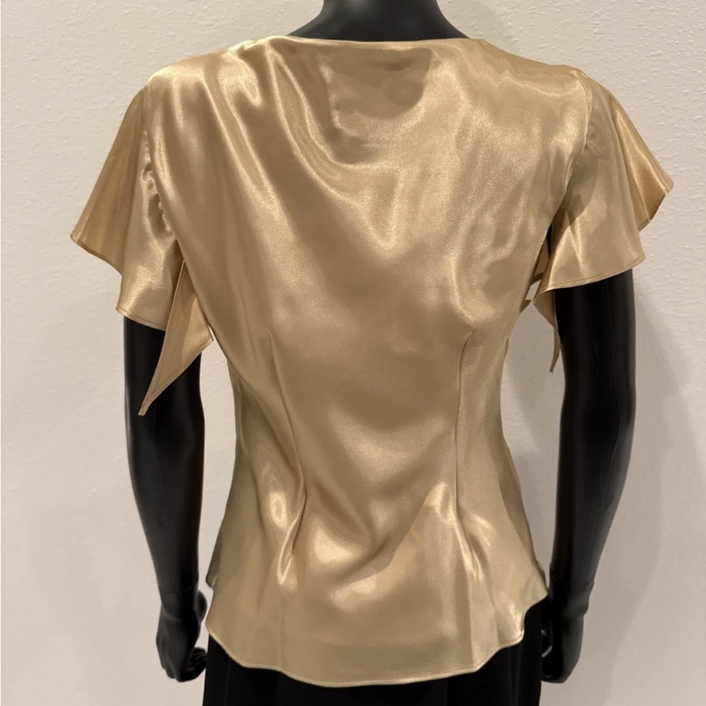 Another Thyme Gold Metallic Satin Portrait Neck Line Flutter Sleeves Size 8 - Picture 2 of 7